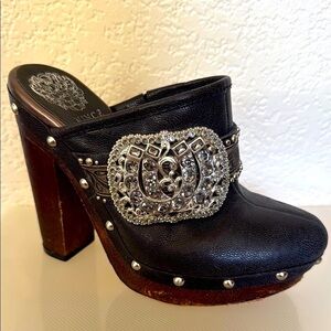 Vince Camuto Black Leather Clogs with Silver Jeweled Accents